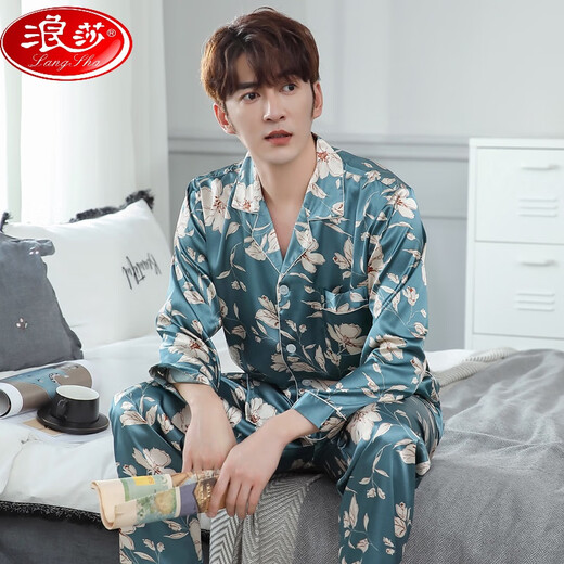 浪莎（LangSha）网红男士睡衣春秋款冰丝长袖长裤家居服含真丝绸感套装 M6628 L 【100-140斤】