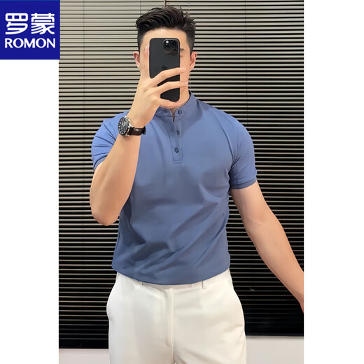 ROMON cotton stand-up collar short-sleeved Polo bottoming shirt for men solid color slim fit 2025 summer youth handsome business Henry collar T apricot cotton sweat-absorbent 2XL recommended 135-150Jin Jin is equal to 0.5 kg