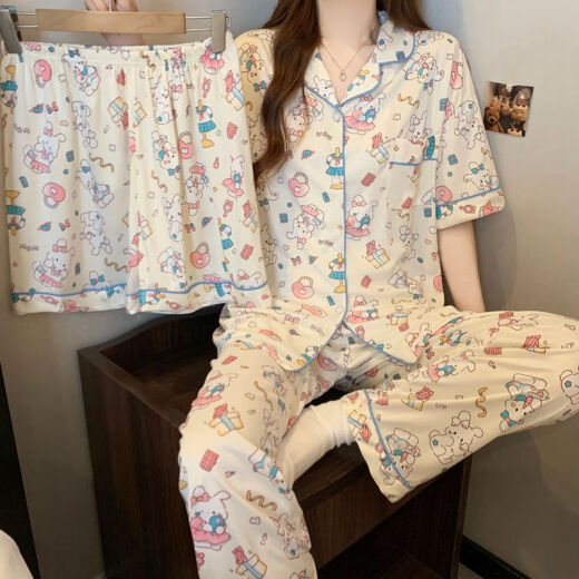 琉善睡衣女夏季新款短袖长裤纯棉薄款三件套甜美可爱学生家居服可外穿 FS-14128三件套 M 【75-95】