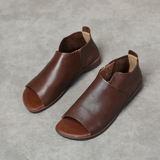 Sandales en bouche de poisson rouges de libellule pour femmes 2025 Été réel cuir doux rétro maman décontractée sandales en cuir plate glissade chaussures de plage romaine marron 35
