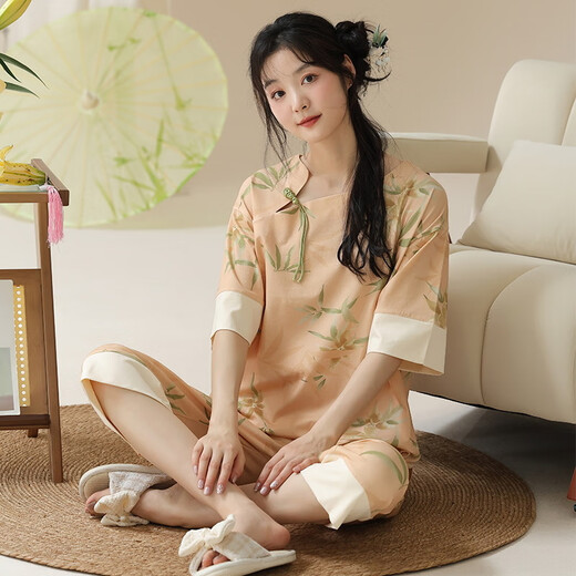 
Yalu national style pajamas women's summer thin national trend ancient style home clothing suit casual short-sleeved cropped pants women 9901# XL