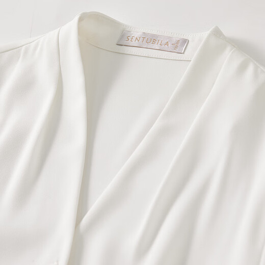 Shandubila chiffon shirt for women, spring and autumn temperament commuting V-neck shirt, slim loose long-sleeved top, off-white M