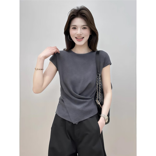 White ice silk knitted short-sleeved T-shirt for women 2025 new summer hot style irregular waist-hugging vest top White high-quality version One size 80-140Jin [Jin equals 0.5 kg] can be worn