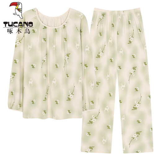 TUCANO;啄木鸟春秋季长袖大码睡衣套装女棉带胸垫一体国风家居服学生宽松夏冬天 HRY1049 L (建议95-115斤)