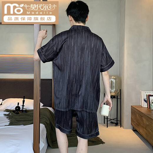 莫代尔男士睡衣夏季冰丝短袖裤纯色黑色夏天薄款男生仿真丝绸家居服套装 12532【云朵棉绉布款】 L (建议身高170左右体重100-1