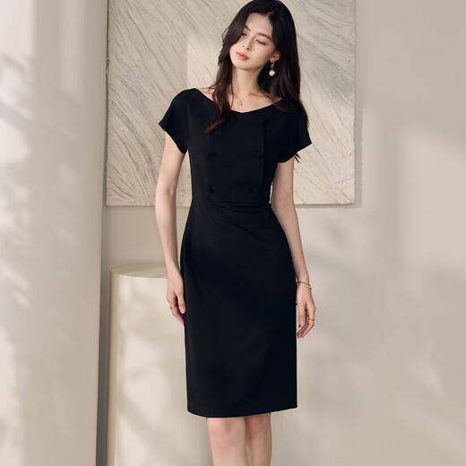 ROEYSHOUSE LOOKI Intellectual Black Hip-Wood Dress for Women 2025 Summer New Temperament One-Link Slim Skirt 12112 Black 2XL