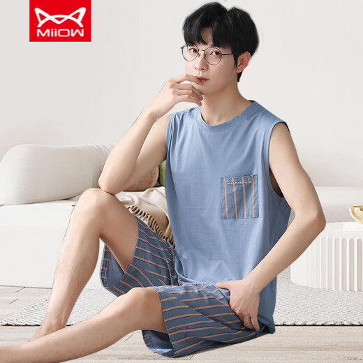 猫人（MiiOW）睡衣男背心夏天莫代尔薄款套装男士家居服无袖斤加大码两件 -12027【莫代尔套装】 L 【建议-140斤】