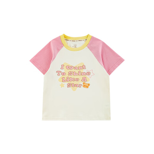 幼悠女童爱心小熊立体玩偶短袖2025夏季卡通印花撞色插肩宽松T恤 插肩T恤粉色（X4855） 100 cm