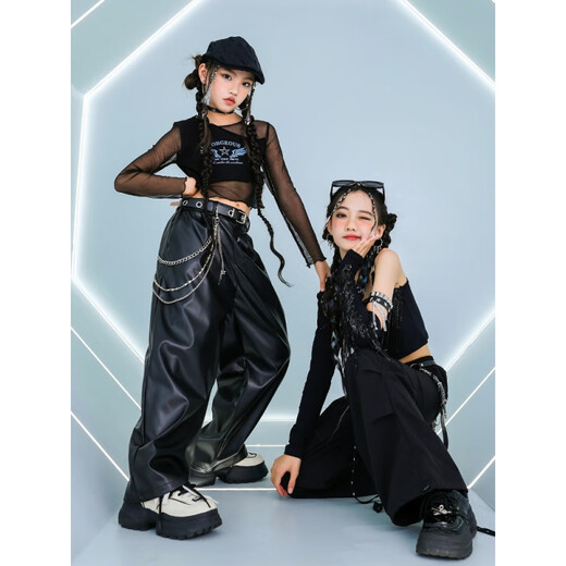 
Cloth Cat Jazz Dance Costume Girls Children's Sling Mesh Long Sleeve Navel Exposed Set Show Dance Costume Group Suit 683D Black Mesh Long Sleeve 160