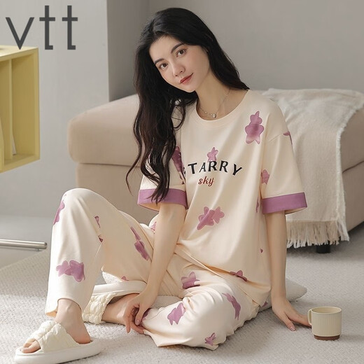 VTT睡衣女夏季纯棉短袖长裤薄款全棉夏天圆领家居服套装可外穿 V短袖长裤：YZT9721 M