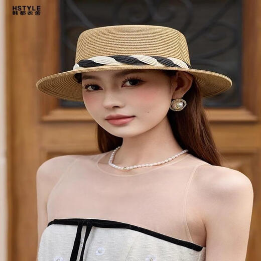 Handu Yishe HSTYLE Handu Yishe Spring and Summer French Flat Top Straw Hat Girl Elegant Top Hat Sun Hat Wide Essential Seaside Vacation Hat Khaki

