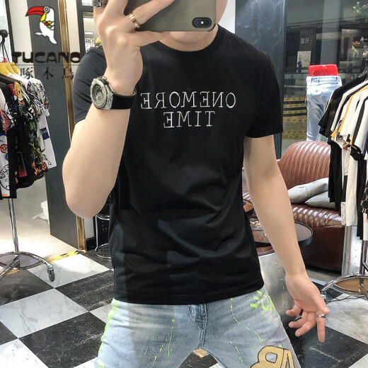 啄木鸟（TUCANO）t恤男士2025夏季新款短袖T恤男修身个性刺绣烫钻欧货丝光棉体恤男 724闪电R蓝绿色 L