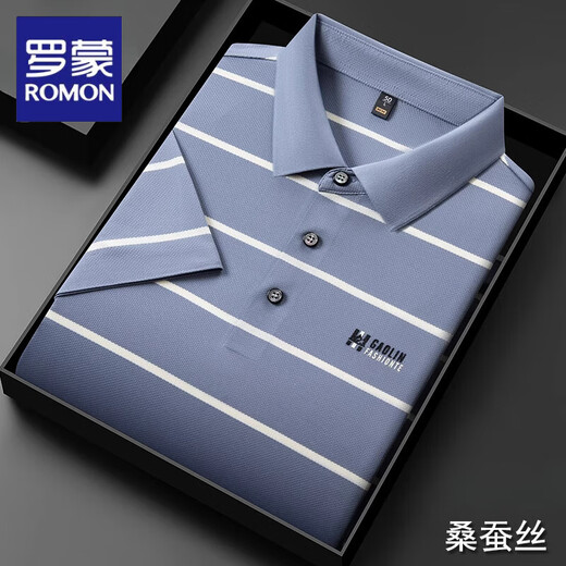 Romon (Romon) camiseta de manga corta de seda de seda de mulberry para el verano de los hombres, nuevos delgados polo de la solapa de rayas de mediana edad de mediana edad.