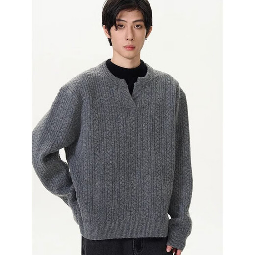 COLORFUL GEMS American retro twist sweater men's lazy Henry collar loose sweater gray L