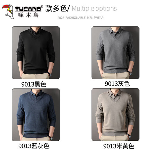 Spechtmänner gefälschte zweiteilige Pullover-Strickhemd-Hemdkragen Daddy Anzug plus Samt verdickte warme neue Stilstreifen 9013 Blau grau 4xl
