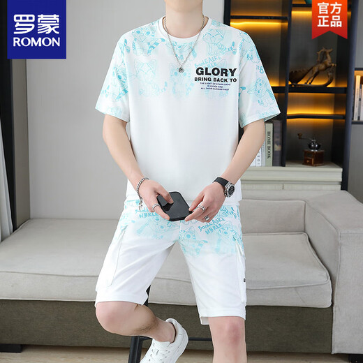
ROMON 2025 summer new short-sleeved suit for men teenagers versatile shorts casual sports two-piece set gradient color men's clothing 6187 blue M
