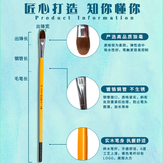 Yushuai 826 eau à la craie d'art art des étudiants en acrylique brosse loup huile de cheveux brosse pigment coloriage pigmentaire 6 nombres doubles (2 4 6 8 10 12) recommandés par les élèves du primaire