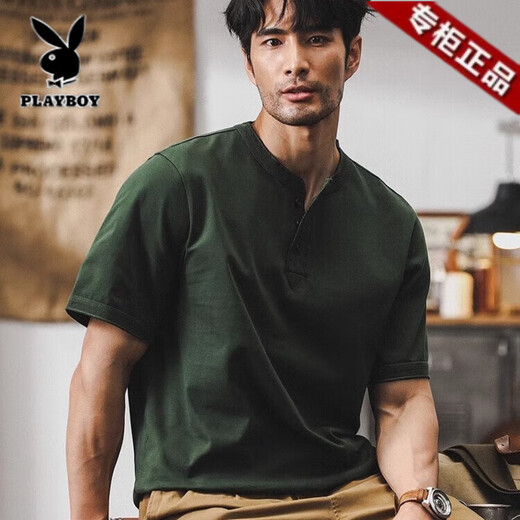 Playboy American 320G schweres T-Shirt für Männer kurzärmeliges Polo-Hemd für Männer 2025 neuer loser harter Kerl Henry-Shirt T-Shirt für Männer Military Green 3xl-geeignet für 180-200jin [Jin gleich 0,5 kg]