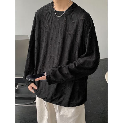 Jingpu Feishen rasgada camiseta de manga larga Camisa de base de diseño suelta y hermosa de los hombres JCF 695 Gray M [Collection and Sigue los calcetines de la tienda]