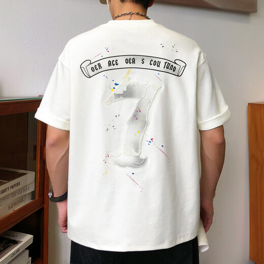 Cotton-made high-end short-sleeved T-shirt men's personalized ink-embroidered trendy brand 2025 summer loose T-shirt men's top 6630 white XL [140-155Jin[Jin equals 0.5 kg]]