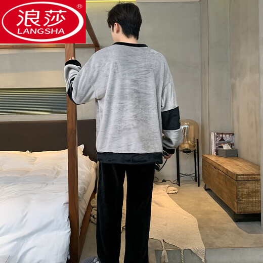 Langsha Coral Coral Velvet Invierno Pajamas Otoño e invierno en espesas más Velvet Adolescentes de ropa para hombres Flanela Ropa para el hogar 3882 Letras Plumas L Hombres L
