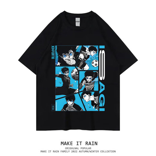 Zhizhen Masculino Dios Blue Pisos Blue Lock Camiseta de anime Camiseta de manga corta Meniguas Parejas Summer Bluelock Impreso ropa de niños Negro [A691] XS Tamaño 160