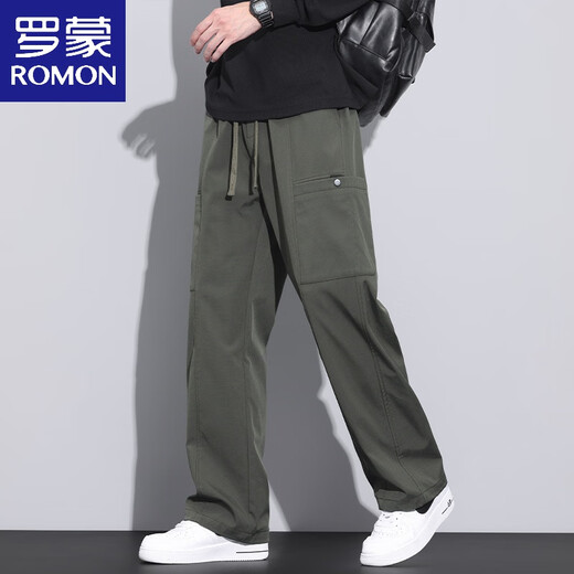 罗蒙（ROMON）美式潮牌工装裤子男宽松直筒春秋伞兵裤2025春秋新款运动休闲长裤 9856-军绿色 M 【商家】90~110斤