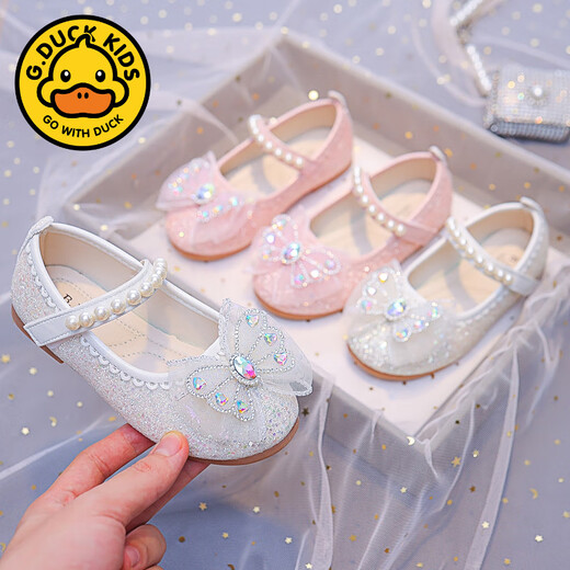 G.duck Girls Princess Elsa Shoes 2025 New Korean Style Bow Little Girls Soft Sole Shoes Pearl Crystal Small Leather Shoes RX116 Pink 29