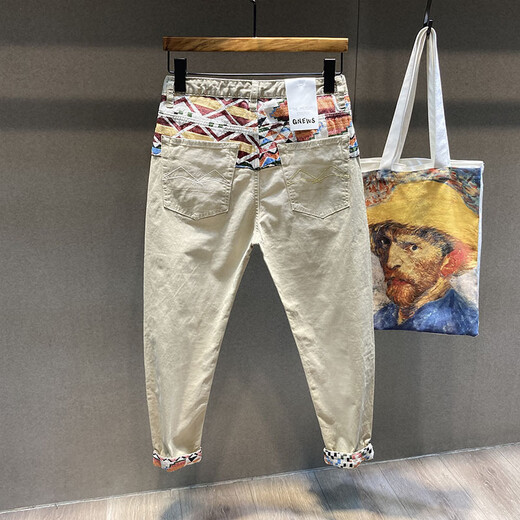 LEE KIDS embroidered trendy brand ins splicing internet celebrity white handsome nine-point spring and summer jeans men's summer ripped slim feet black jsn-869-5 32 (2 feet 5)