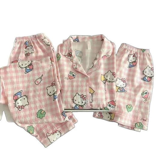 京濮飞HelloKitty短袖睡衣女春夏云朵棉三件套装家居服 云朵棉-9905#黑爱心三件套 M 【建议75-100斤】