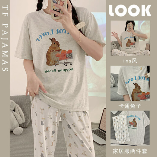 HUALIN FASHION Pijamas Lindos y Finos de Verano Pantalones Largos de Manga Corta para Mujer Ropa de Abrigo Suelta Ropa para el hogar 9934-Cuello Redondo Letra Conejo Corto Largo 180 XL