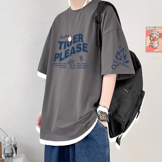 雷威凯森短袖t恤男2025夏季上衣青少年夏季新款纯棉圆领潮牌宽松薄T恤 QSW-DT6160 深灰色 XL 建议140-155斤