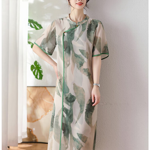 俞兆林母亲节新中式妈妈夏装真·丝雪纺连衣裙时尚中老年女装气质改良裙 972绿边黄花 3XL (建议125-140斤)