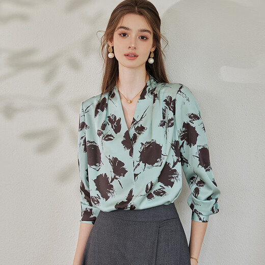 ROEYSHOUSE French V-neck commuter shirt 2025 spring and summer retro shirt satin top 10079 design color M