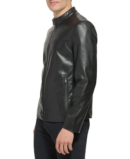 DKNY Men's Faux Laether Modern Racing Jacket Black Smooth Lamb XX-Large