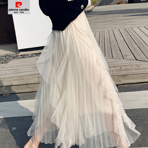 皮尔卡丹（pierre cardin）【1476人收藏】钉珠网纱纱裙半身裙2025新款高腰仙女不规则中长款 杏订珠 S
