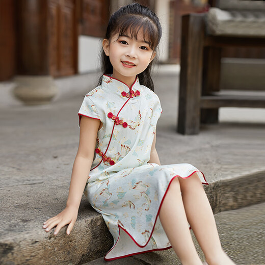 Ningyou Guo-Stil Cheongsam Kleid für Mädchen und Kinder 2024 Frühlings- und Sommer kleine und mittelgroße Kinderbaby Seide Dünne Hanfu Chinese 6630 Blue Butterfly 6 Größen (100-110) Alle Größen