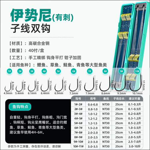 40 pairs of imported fishhook gold sleeves Izu Iseni short sub-thread, double hooks tied with and without thorns, finished product anti-winding and finely tied, gold sleeves with thorn hooks 3/4 + thread 0.6/0.8, 20 pieces each, 40 pieces in hand