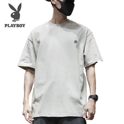 花花公子（PLAYBOY）纯棉重磅居家纯色百搭宽松新款短袖体恤男士纯棉个性印花图案半袖 蓝色1365 XL