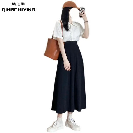 Qingchiying (Qingchiying) Sommer Koreaner loser französischer Kurzärmel-Hemd + Temperament High-T-Temperament A-Line mit mittlerer Länge Ein-/Zwei-Tiefe-Set 687# Weißes Hemd + 1164 schwarzer langer Rock M [Vorgeschlagen 90-100jin [Jin Equalle 0,5 kg]]