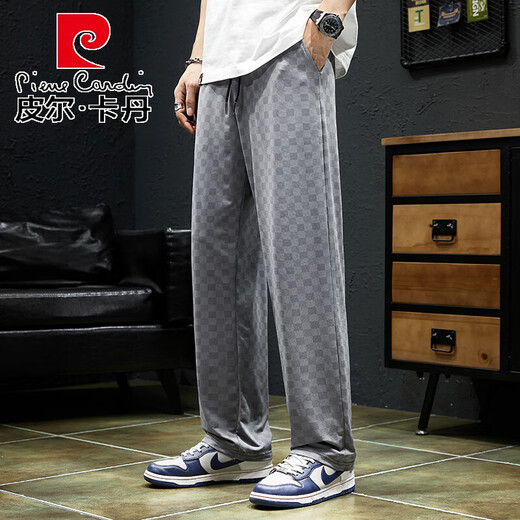 
Pierre cardin 2025 checkerboard pants men's summer straight loose large size ice silk pants men's fat strength wide-leg sports pants 9905 gray XL (size 32-33)