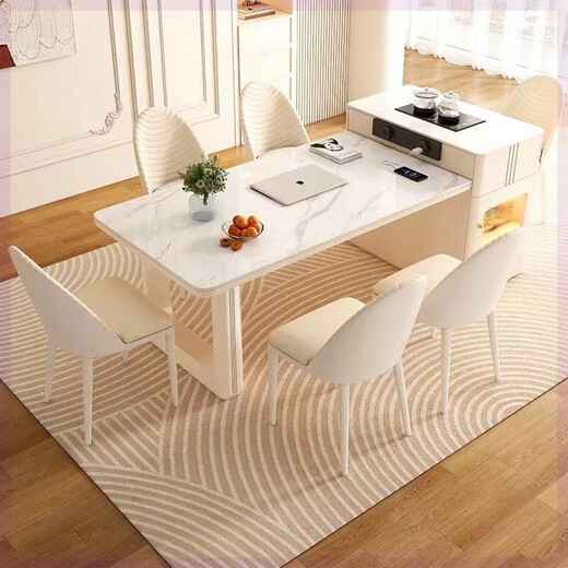 Yaogan cream style slate island table, dining table and tea table, one-piece retractable small-sized high-end home restaurant center table, 12mm slate, fixed socket, regular flat model, 1.4 meters, 1 table, 4 plush chairs