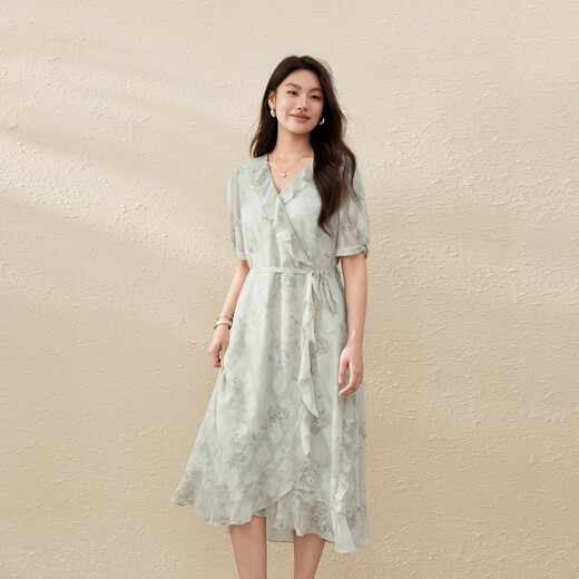 纤莉秀【温柔印花荷叶边V领浅绿色连衣裙】大码女装胖mm夏装新款1349 浅绿色 4XL