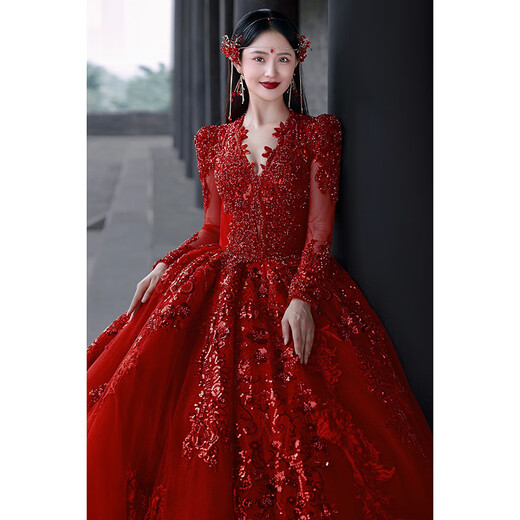 卡悠莱（KAYOULAI）红色婚纱新娘主纱新款小个子长袖领高级质感高定款重工拖尾 齐地(三件套) S 均码