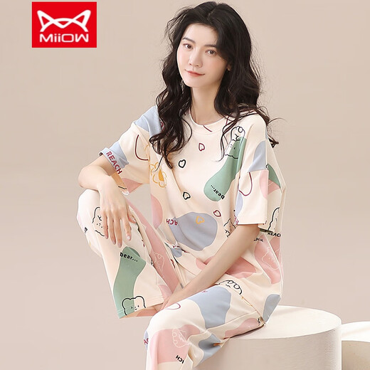 猫人（MiiOW）纯棉睡衣女春夏短袖长裤休闲宽松女韩版家居服秋季可外穿套装 T-9719（短袖长裤） 2XL (145-165斤)