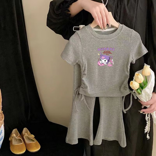 Yuan Pingying Girl Baby Mode Cartoon bedruckte Eisseide Zweiteiler Anzug Kindermodus Modeanzug runder Nackenkordelanzug Anzug Gray Girl G686 110
