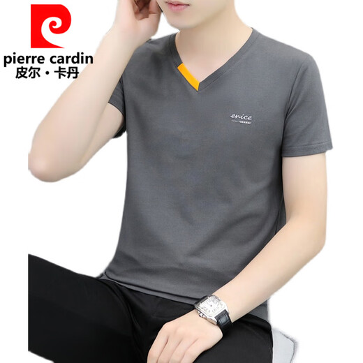皮尔卡丹（pierre cardin）男士2025新款v领青年短袖t恤透气修身薄款夏季休闲百搭上衣服半袖 QY691黑色 M
