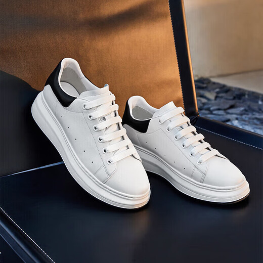 Belle Men's Casual Genuine Leather Business White Shoes Winter Sports Shoes Thick Sole Heightening Sneakers Plus Velvet A0615AM2 White/Black (Single Liner) 40 (250mm)