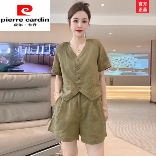 Pierre cardin cotton and linen set for women summer 2025 new European products casual, fashionable and fashionable loose shorts shorts two-piece set mustard green 2XL [recommended 125-140Jin [Jin equals 0.5 kg]]
