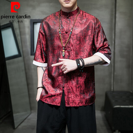 皮尔卡丹（pierre cardin）冰丝唐装中国风夏季薄款短袖衬衫男复古宽松汉服大码五分袖衬衣服 A686黄色 XL 135-150斤